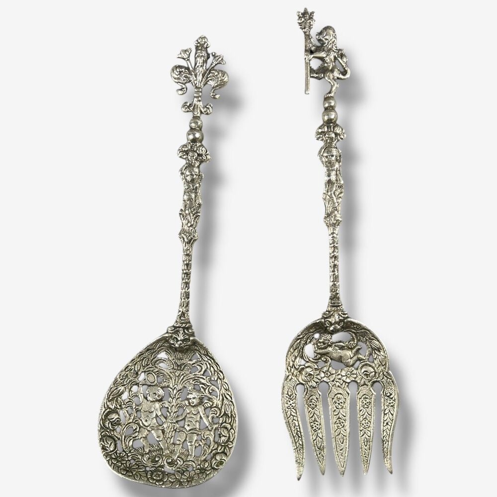 UGO BELLINI fork spoon set cherub lions silver plate vintage